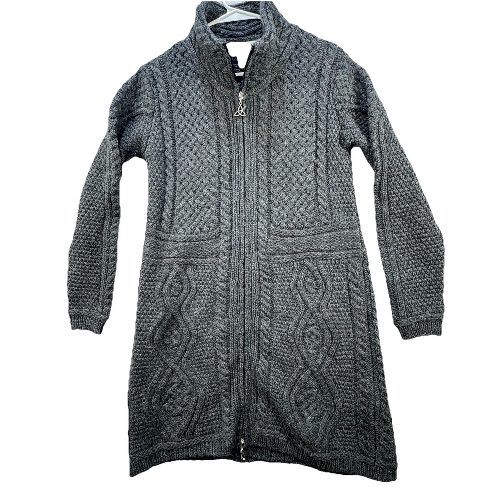 Aran Mor Ireland Cable Knit Long Tunic Cardigan Sweater Merino Wool Medium